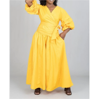 Palazzo Pants with Wrap Blouse Ruffle Sleeves 2 Piece Set
