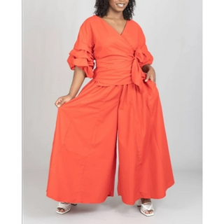 Palazzo Wide Leg Pants with Wrap Blouse Ruffle Sleeves 2 Piece Set