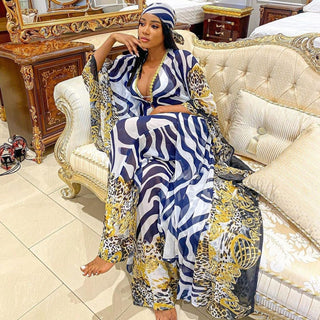 LONG White Zebra African Chiffon Kimono Kaftan Two Piece Pant Set