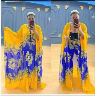 LONG Summer African Chiffon Kimono Kaftan Two Piece Pant Yellow Blue