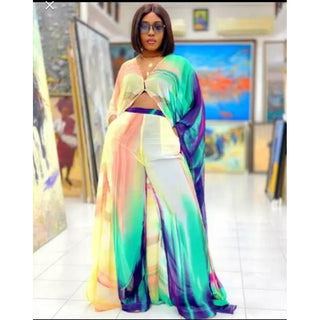 LONG Ocean Sky Summer African Chiffon Kimono Kaftan Two Piece Pant Set