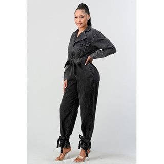 BLACK WASHED DENIM TIE DETAIL JUMPSUIT