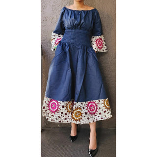 African Print Smock Waist Maxi Dress Ankle Length Bell Sleeve Denim