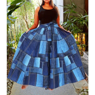African Print Ankara Long Maxi Skirt with matching Sash Denim