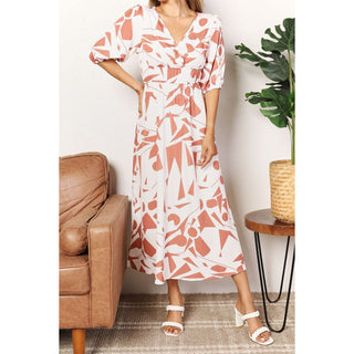 Printed Surplice Balloon Sleeve Dress