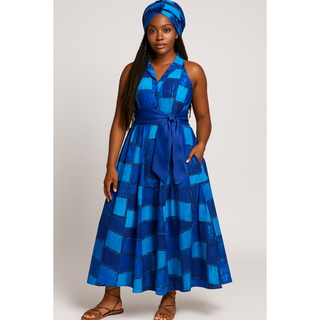 Women Long Smocked Maxi Sundress with Headwrap