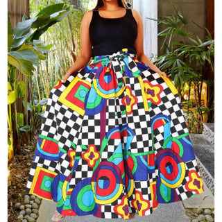 African Print Ankara Long Maxi Skirt with matching Sash Multicolor