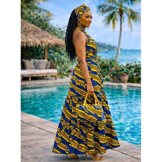 Women Long Smocked Maxi Sundress with Headwrap