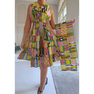 African Ankara Style Print Cotton Women Mid Length Smocked Dress Sundress