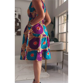 African Ankara Style Print Cotton Women Mid Length Smocked Dress Sundress