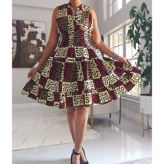 African Ankara Style Print Cotton Women Mid Length Smocked Dress Sundress