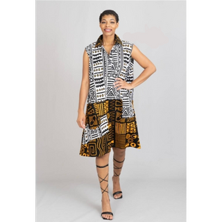 African Ankara Style Print Cotton Women Mid Length Dress Sundress