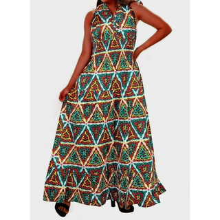 African Ankara Style Print Long Smocked Maxi Sundress - One Size Fits S - 2XL