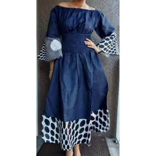 African Print Smock Waist Maxi Dress Ankle Length Bell Sleeve Denim