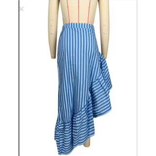 Striped Asymmetrical Long Ruffle Hem Zipper Maxi Skirt