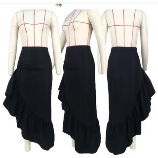 Asymmetrical Long Ruffle Hem Zipper Maxi Skirt