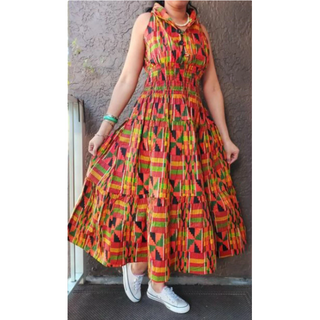 African Ankara Kente Style Print Cotton Women Long Smocked Maxi Dress Sundress
