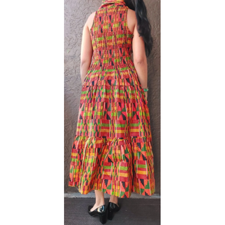 African Ankara Kente Style Print Cotton Women Long Smocked Maxi Dress Sundress