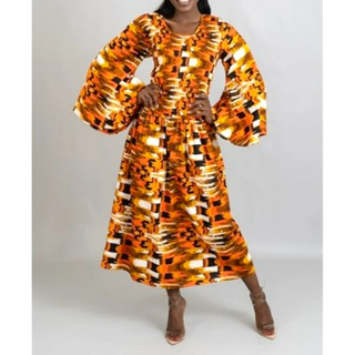African Ankara Print Style Smock Elastic Waist Maxi Dress Ankle Length Bell Sleeve Black Yellow