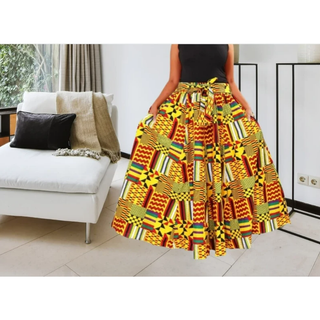 African Print Ankara Long Maxi Skirt with matching Sash - One Size Fits M-3XL