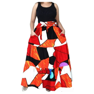 African Print Ankara 3 Tiered Long Maxi Skirt with matching Sash - One Size Fits S to 2XL
