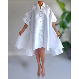 White Long Tunic Silk Sheen Knee Length Dress / Trench Coat / Swing Dress Ruffle Sleeve / Hi Lo Blouse One Size Fits M - 2XL