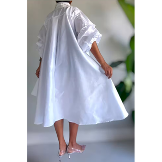 White Long Tunic Silk Sheen Knee Length Dress / Trench Coat / Swing Dress Ruffle Sleeve / Hi Lo Blouse One Size Fits M - 2XL