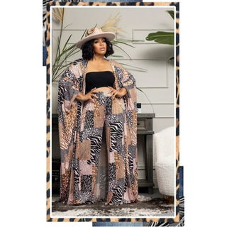 Plus Size Kimono Kaftan Two Piece Pant Set Long Abaya + Pants Suits Dress Set