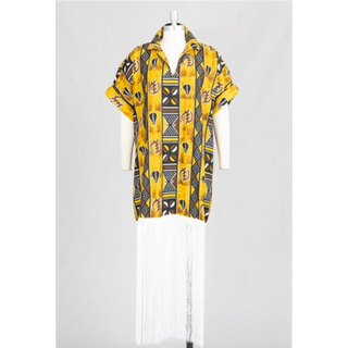 African Ankara Style Print Cotton Fringe Trim Knee Length Dress