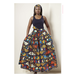African Ankara Print Maxi Skirt with Pockets and Headwrap