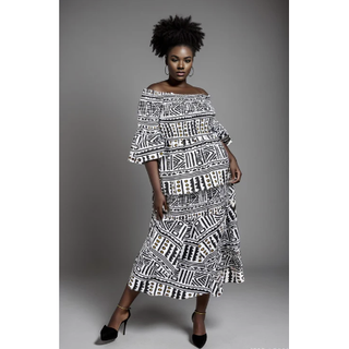 African Ankara Print Style Long Elastic Maxi Smock Dress Skirt Set with Headwrap