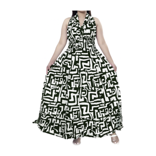 Women Long Smocked Maxi Sundress with Headwrap - Dark Green & White