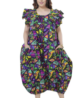 Comfortable Balloon Maxi Dress with Pleated Sleeves & Elastic Hem with sash / head wrap