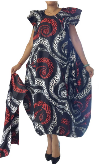 Comfortable Balloon Maxi Dress with Pleated Sleeves & Elastic Hem with sash / head wrap