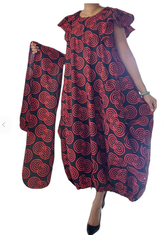 Comfortable Balloon Maxi Dress with Pleated Sleeves & Elastic Hem with sash / head wrap