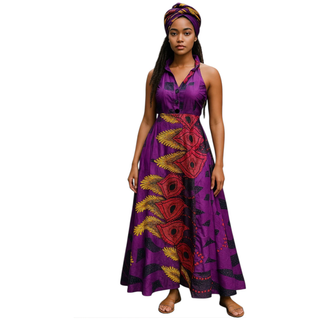 Women Long Smocked Maxi Sundress with Headwrap