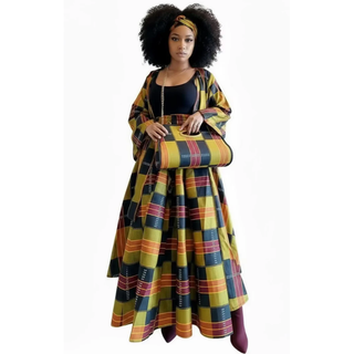 African Print Maxi Skirt Kimono Wrap Top Set Pocketbook