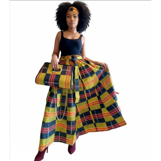 African Print Maxi Skirt Kimono Wrap Top Set Pocketbook