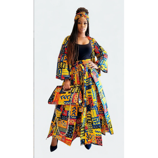 African Print Maxi Skirt Kimono Wrap Top Set Pocketbook