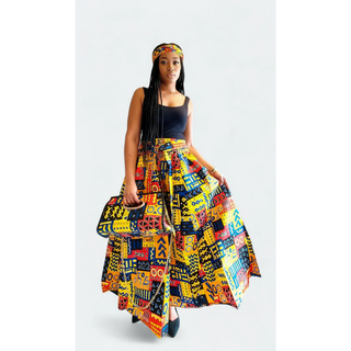 African Print Maxi Skirt Kimono Wrap Top Set Pocketbook