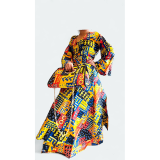 African Print Maxi Skirt Kimono Wrap Top Set Pocketbook