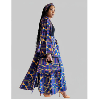 African Print Maxi Skirt Kimono Wrap Top Set Pocketbook