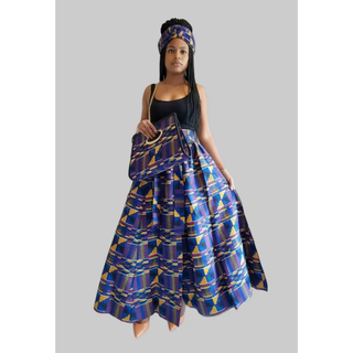 African Print Maxi Skirt Kimono Wrap Top Set Pocketbook