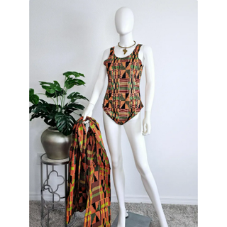 African Kente Print One-Piece Swimsuit with Head wrap / African Print bathing suit / Ankara Swimwear, Vibrant Colored Beachwear