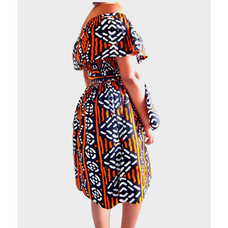 Ankara Print Off Shoulder Midi Dress Mud Print
