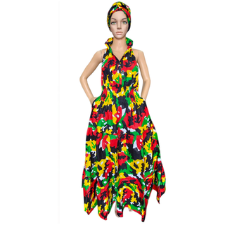 Women Long Smocked Maxi Sundress with Headwrap