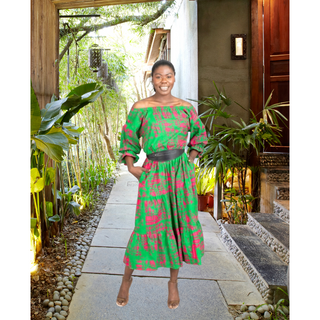 African Ankara Style Print Cotton Women Mid Length Dress Sundress p