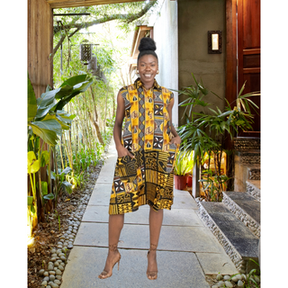 African Ankara Style Print Cotton Women Mid Length Dress Sundress