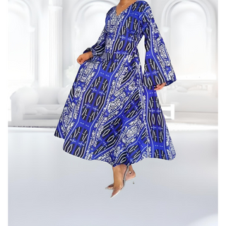 African Print Long Wrap Maxi Dress Ankle Length / Bell Sleeve