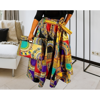 African Print Ankara Long Maxi Skirt with matching Sash - One Size Fits M to 3XL